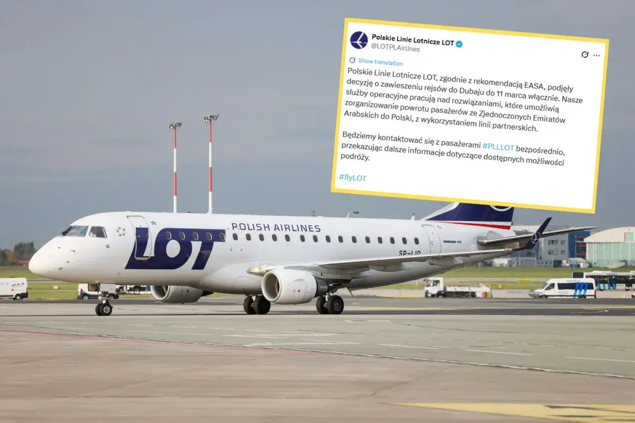 Samolot LOT Polish Airlines na płycie lotniska. Informacja o zawieszeniu rejsów do Dubaju. Ile trwa lot do Dubaju bez przesiadek?