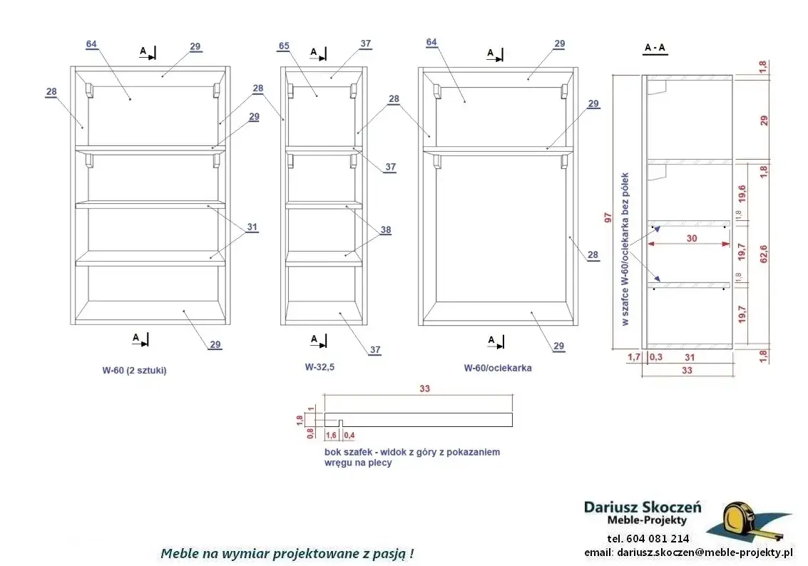 projekt szafki DIY, schemat wymiarowania mebli