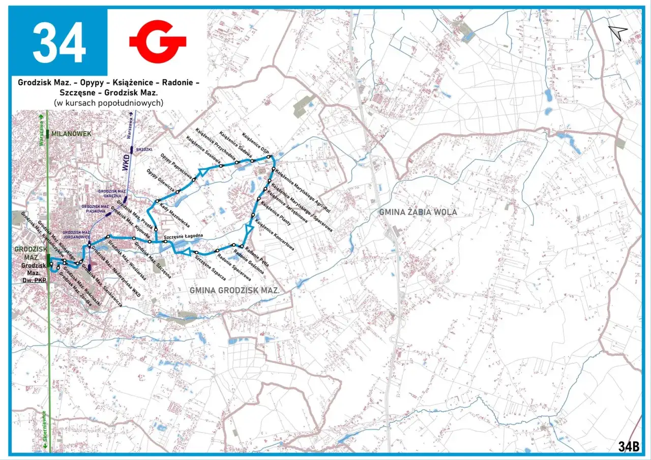 Mapa z trasą autobusu 34 Grodzisk Maz. - Opyły - Książenice - Radonie - Szczęsne. Grodzisk Mazowiecki rozkład jazdy autobusów.