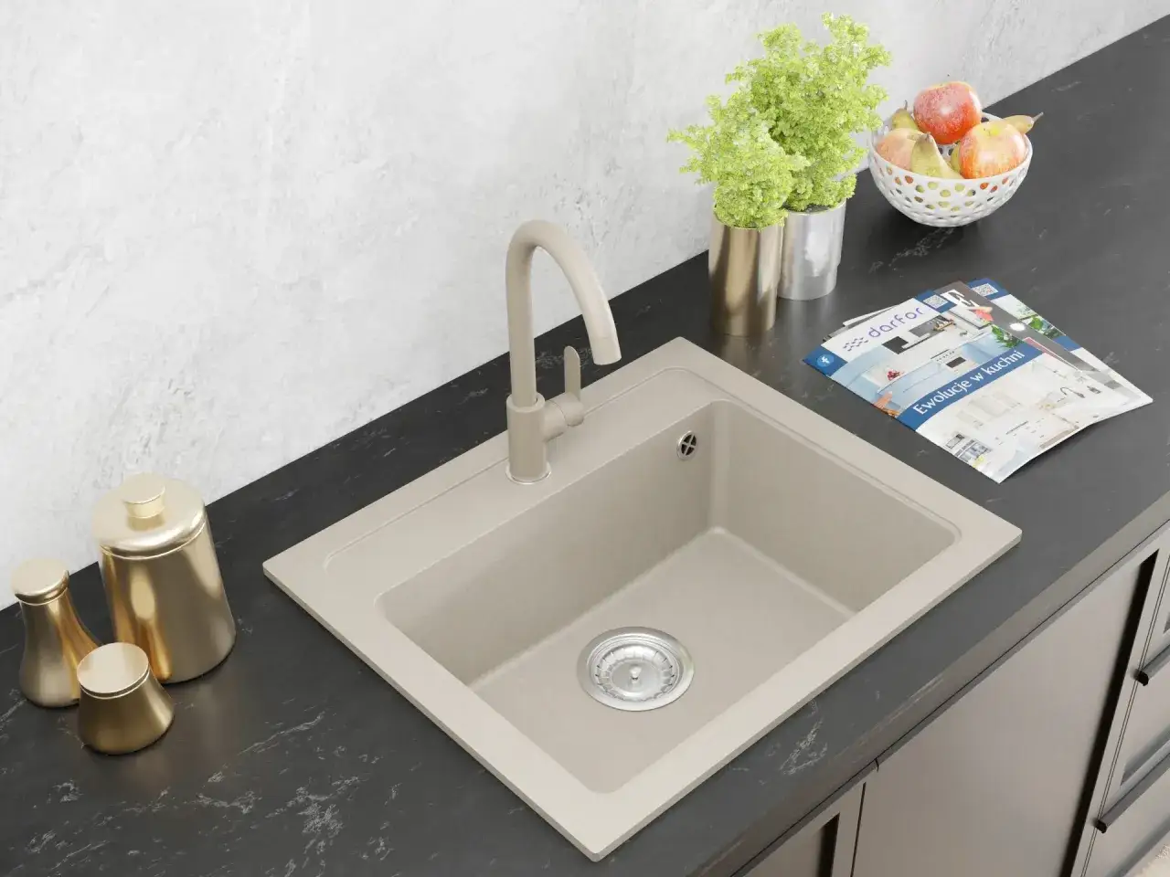 Beżowy zlew granitowy w nowoczesnej kuchni
