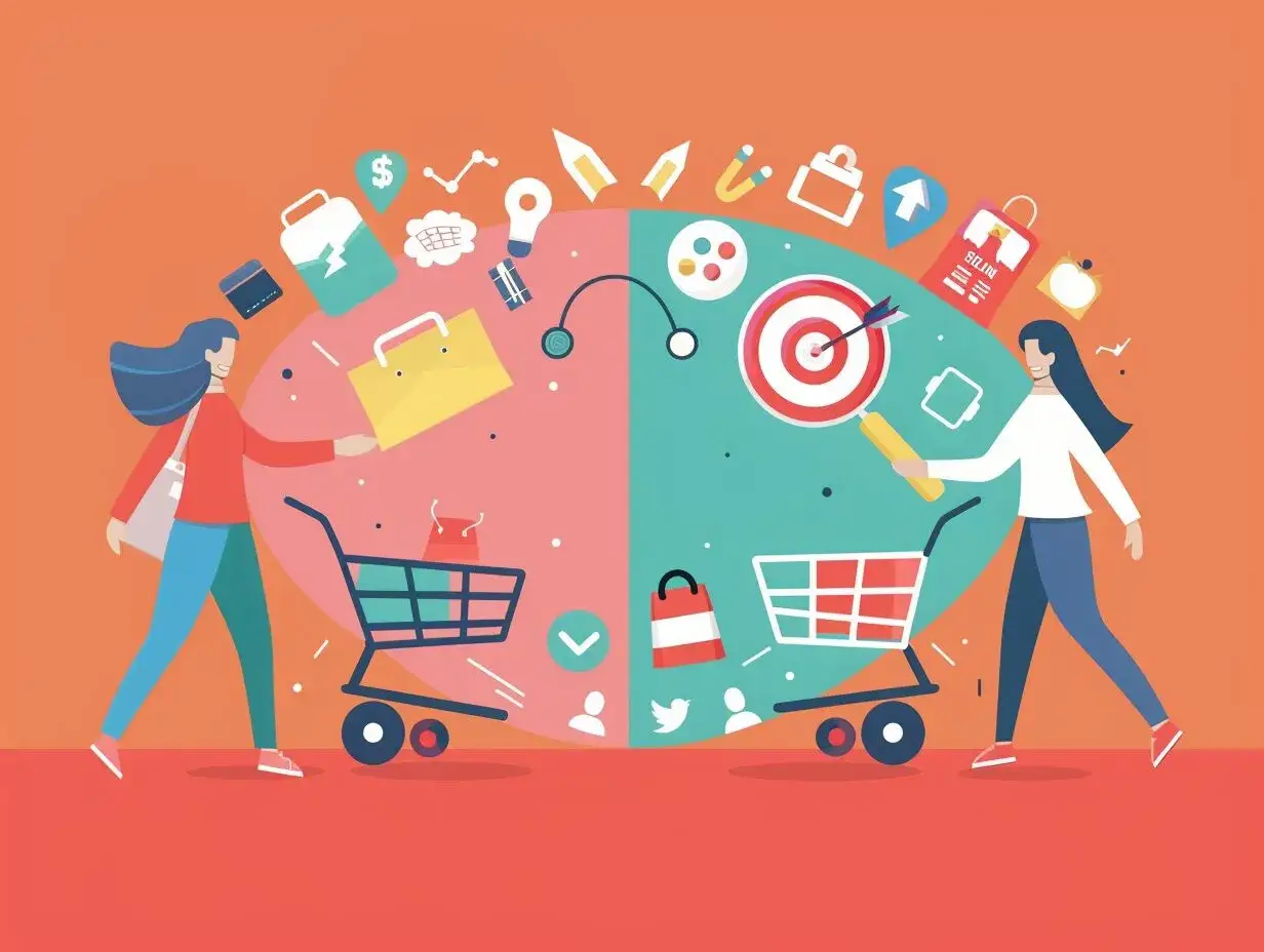 Dwie kobiety z w&oacute;zkami na zakupy. Jedna pcha, druga ciągnie. Ikony symbolizujące zakupy i cele unoszą się nad nimi.