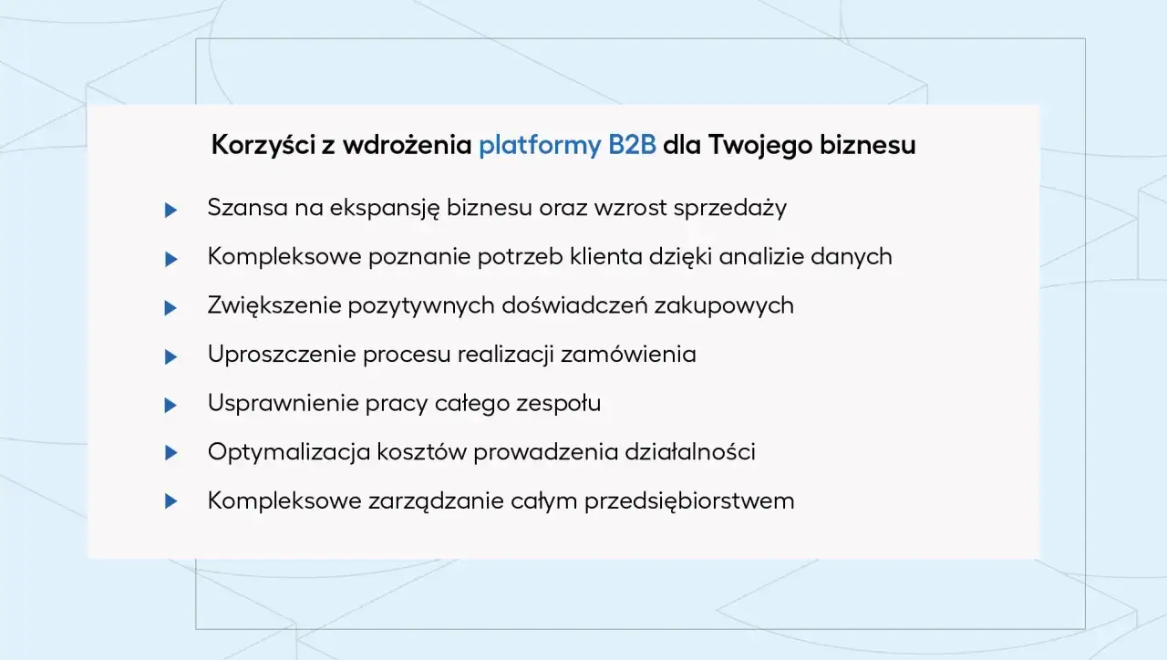 Korzyści z wdrożenia platformy B2B: ekspansja, lepsze poznanie klienta, usprawnienie zam&oacute;wień i zarządzania. E-commerce B2B to klucz do rozwoju.