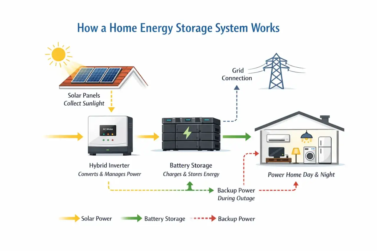 Schemat pokazuje, jak działa elektrownia słoneczna: panele zbierają słońce, falownik przetwarza energię, a magazyn bateryjny ją przechowuje, zapewniając zasilanie domu.