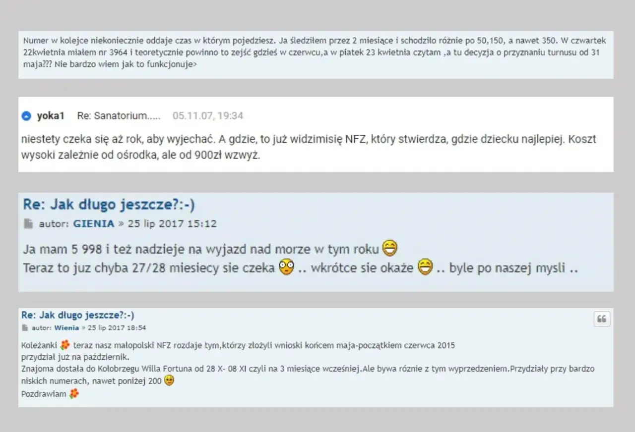 Dyskusja o kolejkach do sanatorium NFZ. Użytkownicy dzielą się informacjami o długości oczekiwania, czasem nawet 27/28 miesięcy.