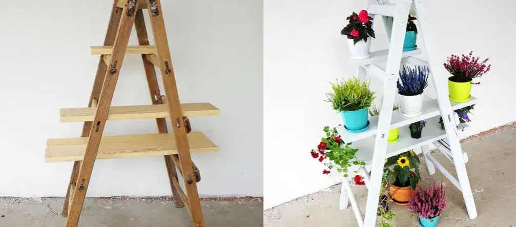 montaż półek na drabinie kwietnik DIY