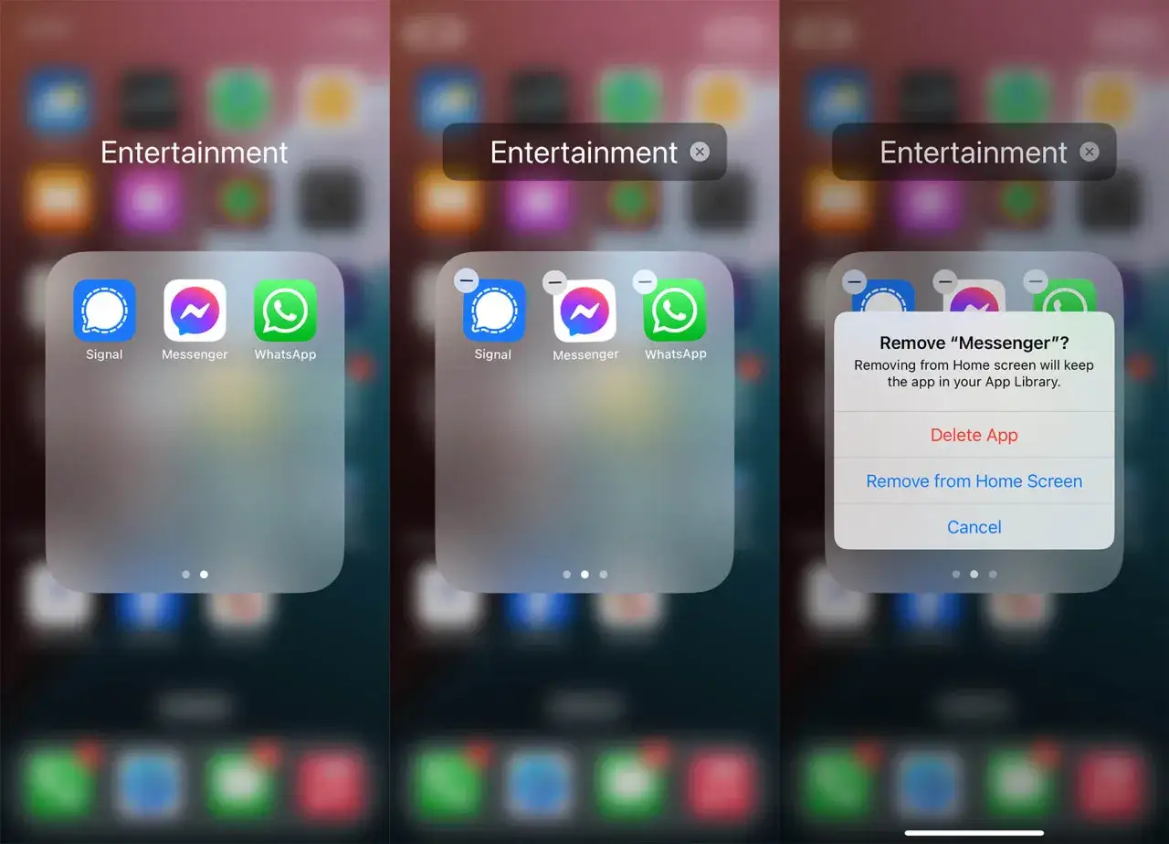 Jak zresetować Messengera na iPhonie? Ekran pokazuje opcję usunięcia aplikacji z ekranu głównego.