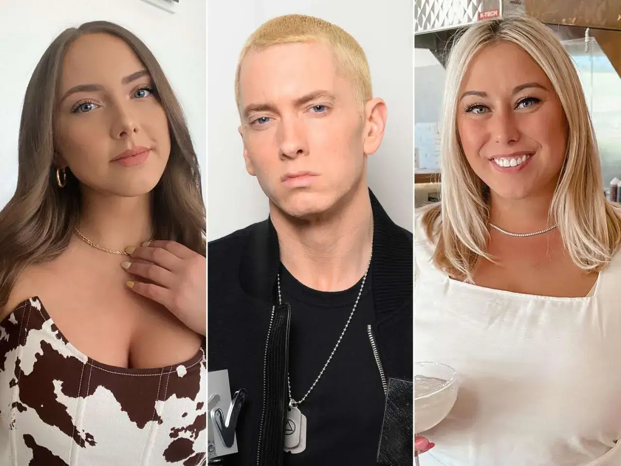 Trzy osoby: kobieta w brązowo-białej sukience, Eminem i kobieta w białej bluzce. Czy to jego c&oacute;rki?