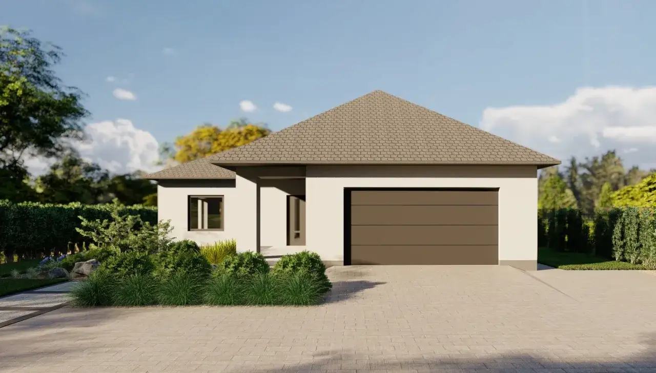Nowoczesny dom z garażem i zadbanym ogrodem. Idealny pomysł na wjazd do posesji z kostki brukowej i zieleni.