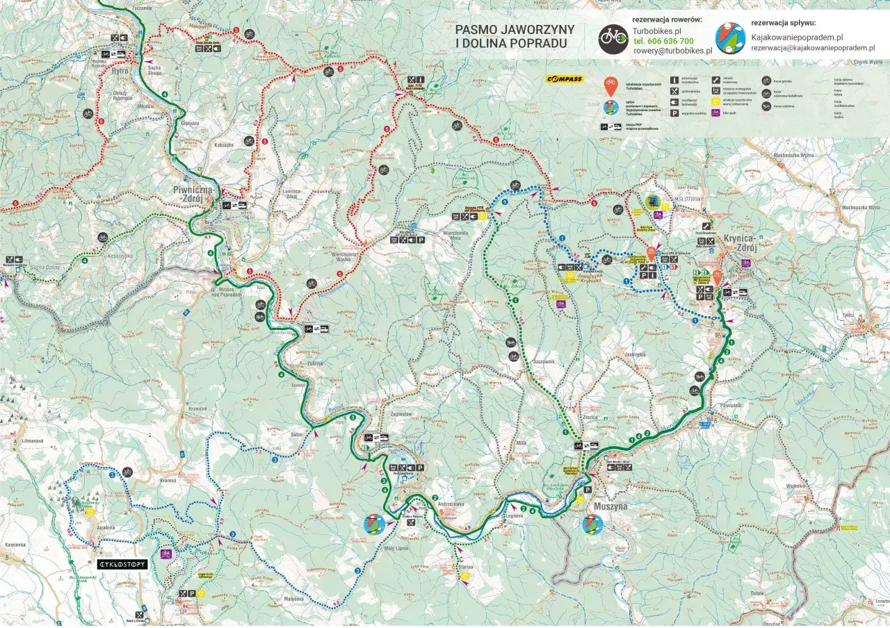 Mapa turystyczna Pasmo Jaworzyny i Dolina Popradu z zaznaczonymi trasami rowerowymi. Idealna na polska na rowery.