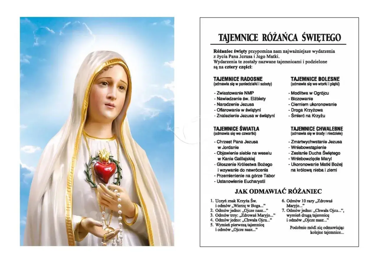 Figurka Matki Bożej z Sercem, obok tekst o wszystkich tajemnicach różańca.