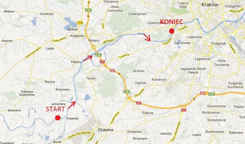 mapa tras kajakowych Małopolska