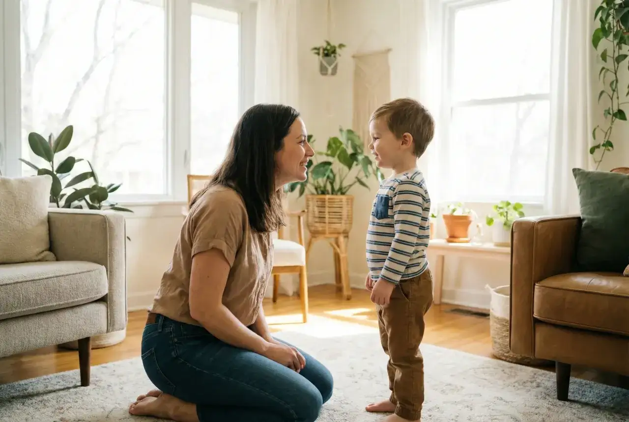 Mama tłumaczy synkowi, że każde działanie ma swoją karę a konsekwencję. Rozmowa rodzica z dzieckiem w przytulnym salonie.