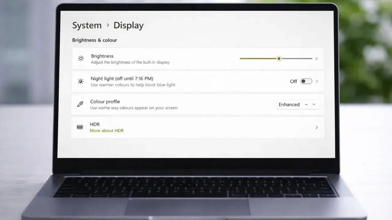 Ustawienia ekranu Windows 11: jak zmienić jasność ekranu, włączyć tryb nocny i dostosować profil kolor&oacute;w.