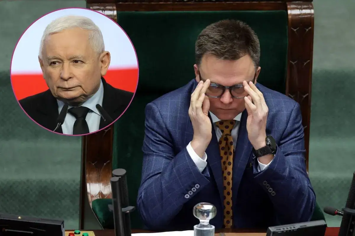 Jarosław Kaczyński i inny lider partii politycznych w Sejmie. Jeden z nich trzyma się za głowę.