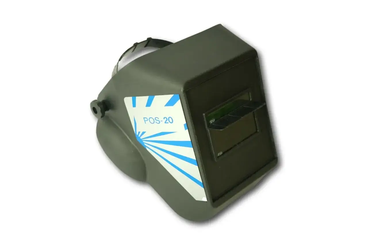 Przyłbica spawalnicza POS-20 z filtrem 1/1/1/1, chroniąca przed łukiem spawalniczym.