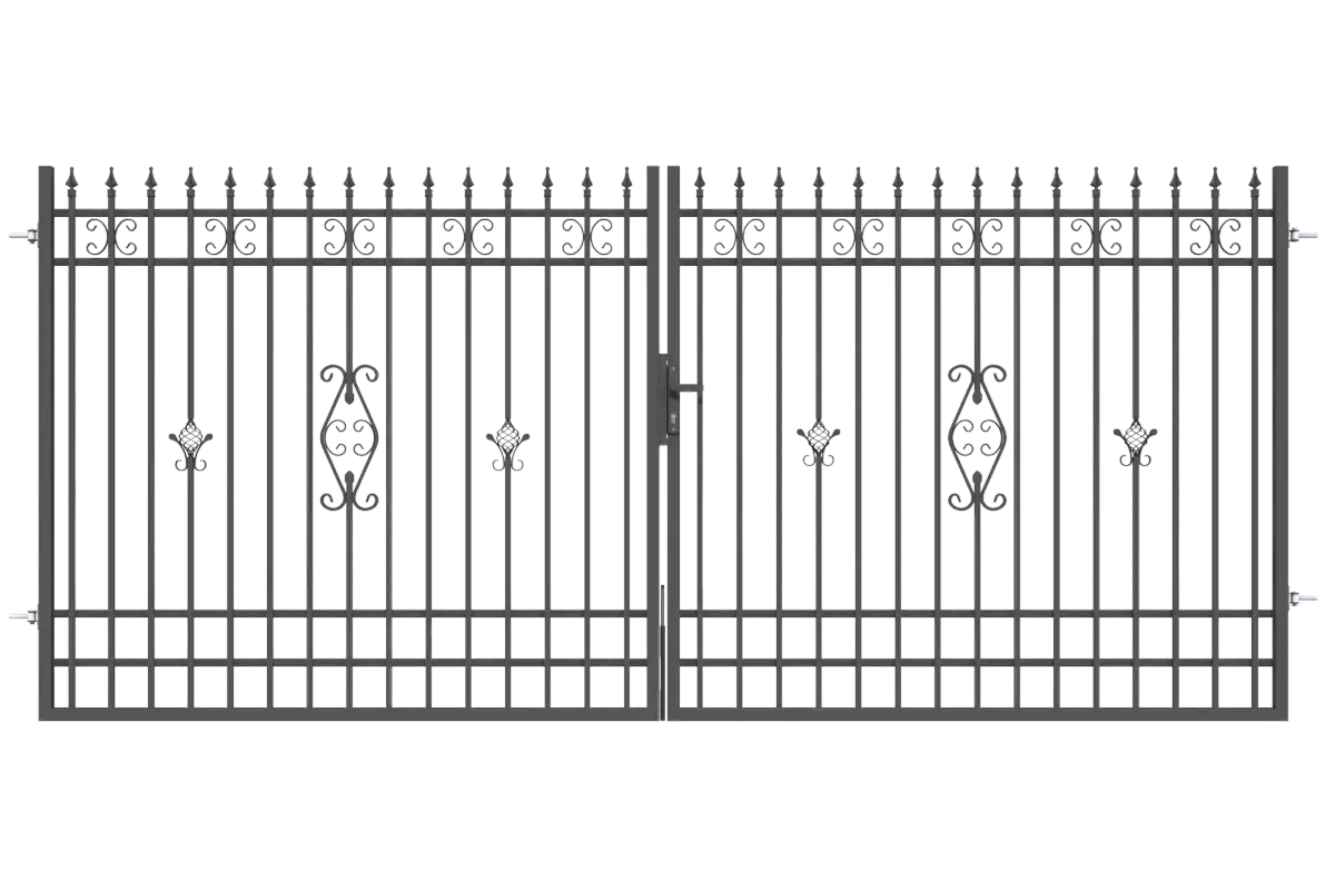 Elegancka brama wjazdowa dwuskrzydłowa z furtką, ozdobiona kutymi elementami.