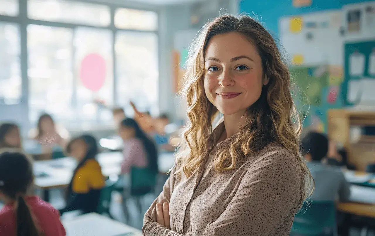 Uśmiechnięta nauczycielka z rozwianymi włosami, w tle klasa z uczniami. Jej pewność siebie inspiruje do napisania dobrej rozprawki.