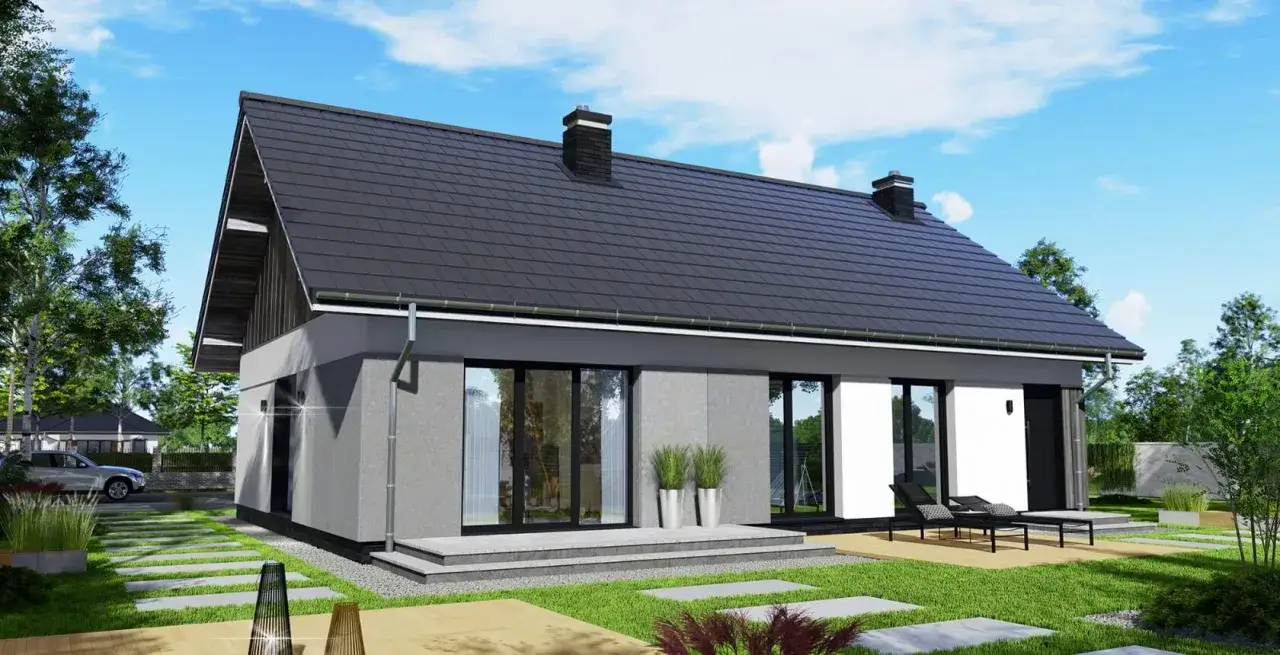 Nowoczesny dom w stanie deweloperskim z szarym tynkiem, dużymi oknami i tarasem. Otoczony zielenią, z podjazdem i samochodem.