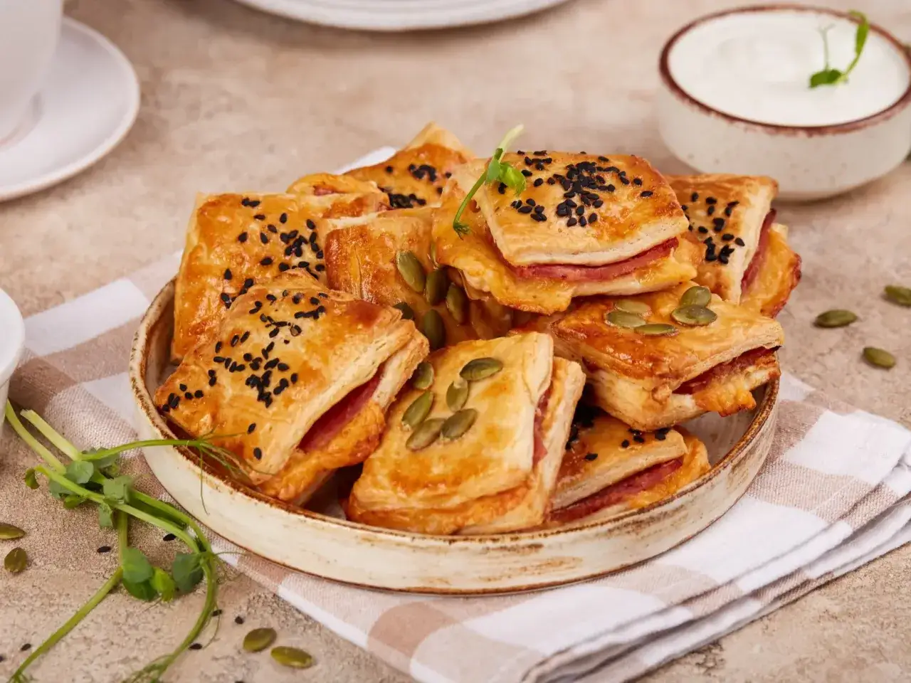 Pizzerinki z ciasta francuskiego, posypane czarnuszką i pestkami dyni, ułożone na talerzu z serkiem i kiełkami.