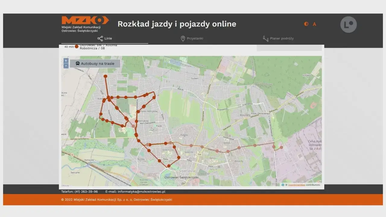 Mapa z zaznaczonymi trasami autobusów w Ostrowcu Świętokrzyskim. Sprawdź rozkład jazdy mzk ostrowiec i zaplanuj podróż.