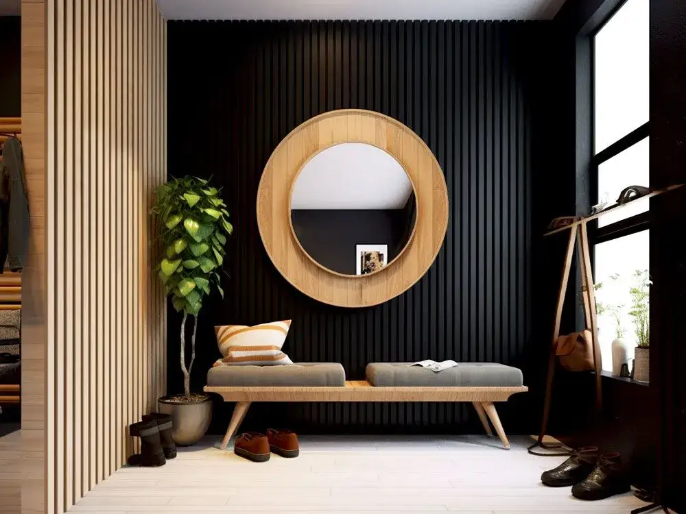 nowoczesne ścianki działowe salon przedpok&oacute;j, lamele drewniane w salonie