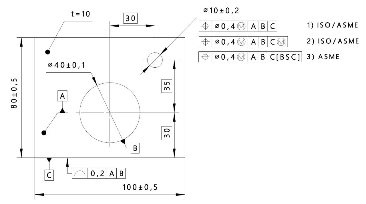 Rysunek techniczny z wymiarami i tolerancjami, w tym tolerancja pozycji dla otworów.