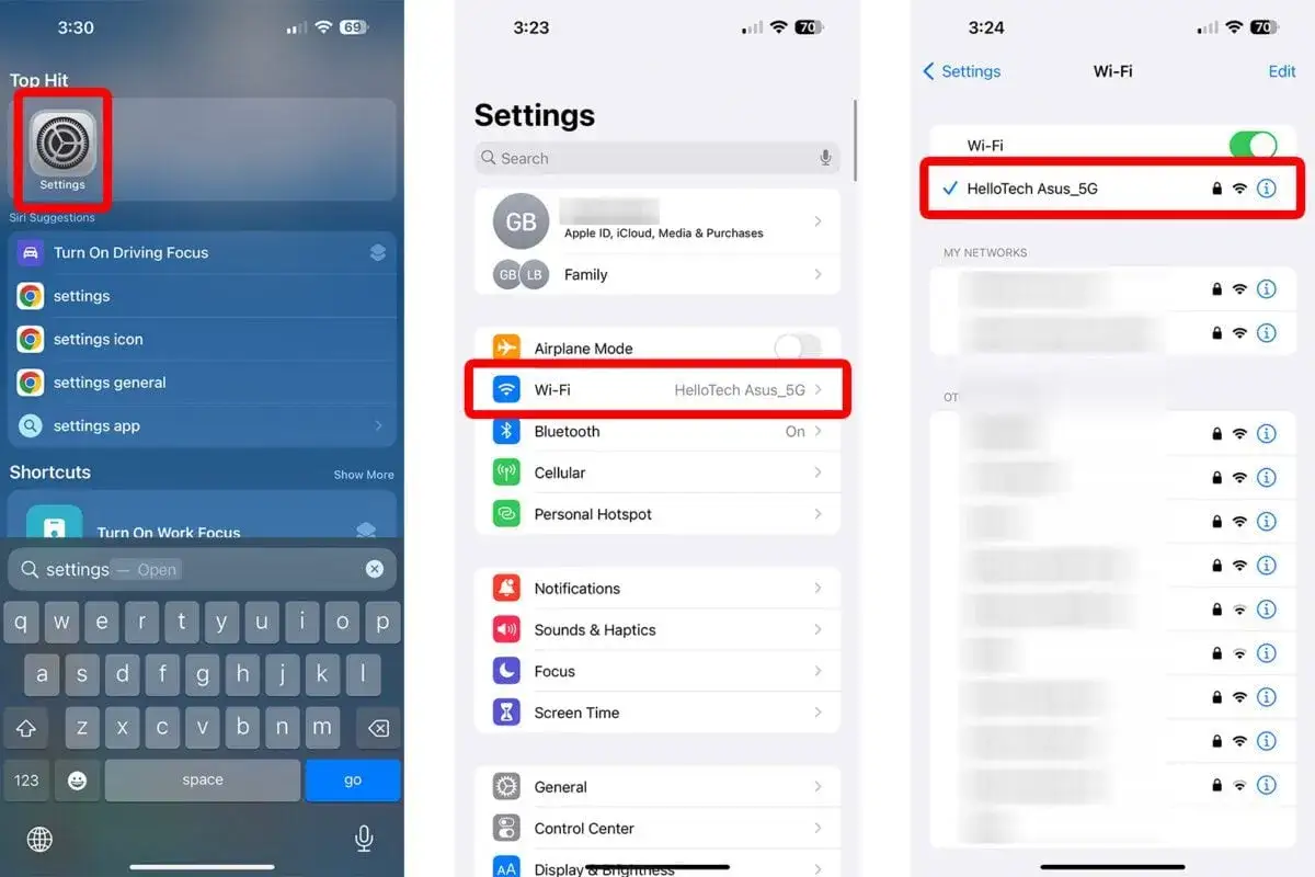 Telefon pokazuje klucz zabezpieczeń sieciowych Wi-Fi. Połączono z siecią HelloTech Asus_5G.