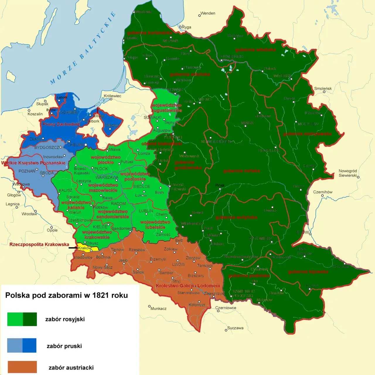 Mapa zabor&oacute;w Polski po 1815