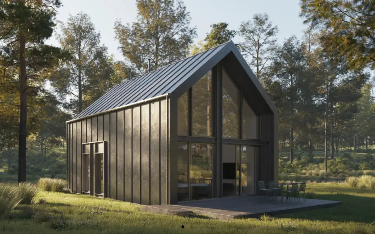 Nowoczesny dom modułowy w otoczeniu lasu. Czy domy modułowe są trwałe? Ten przykład sugeruje, że tak, oferując solidną konstrukcję i estetykę.
