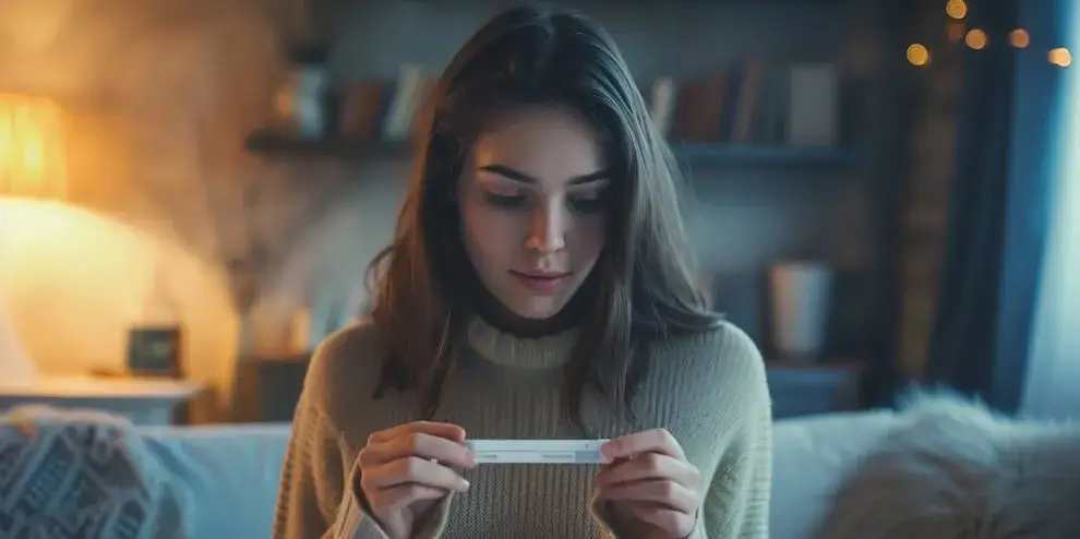 kobieta zastanawia się nad testem ciążowym i objawami