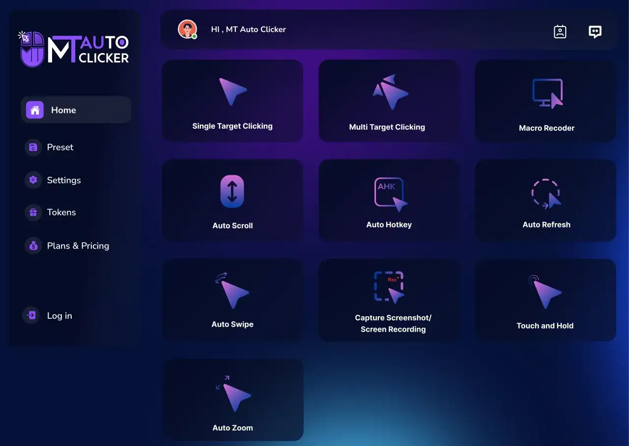 Interfejs aplikacji MT Auto Clicker z opcjami: Single Target Clicking, Multi Target Clicking, Macro Recoder, Auto Scroll, Auto Hotkey, Auto Refresh, Auto Swipe, Capture Screenshot/Screen Recording, Touch and Hold, Auto Zoom.