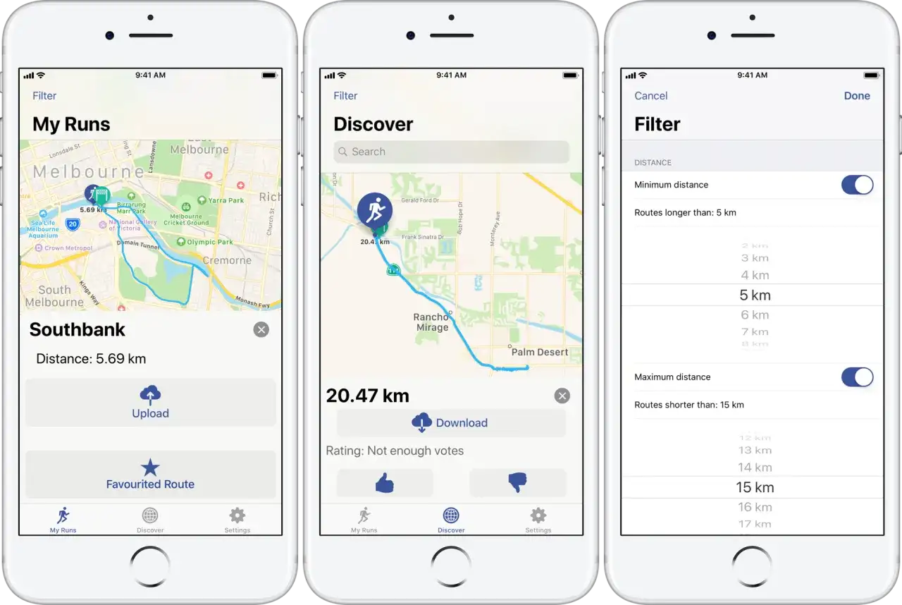 Aplikacja do wyznaczania trasy biegu. Filtruj trasy według dystansu, np. szukaj tras dłuższych niż 5 km.