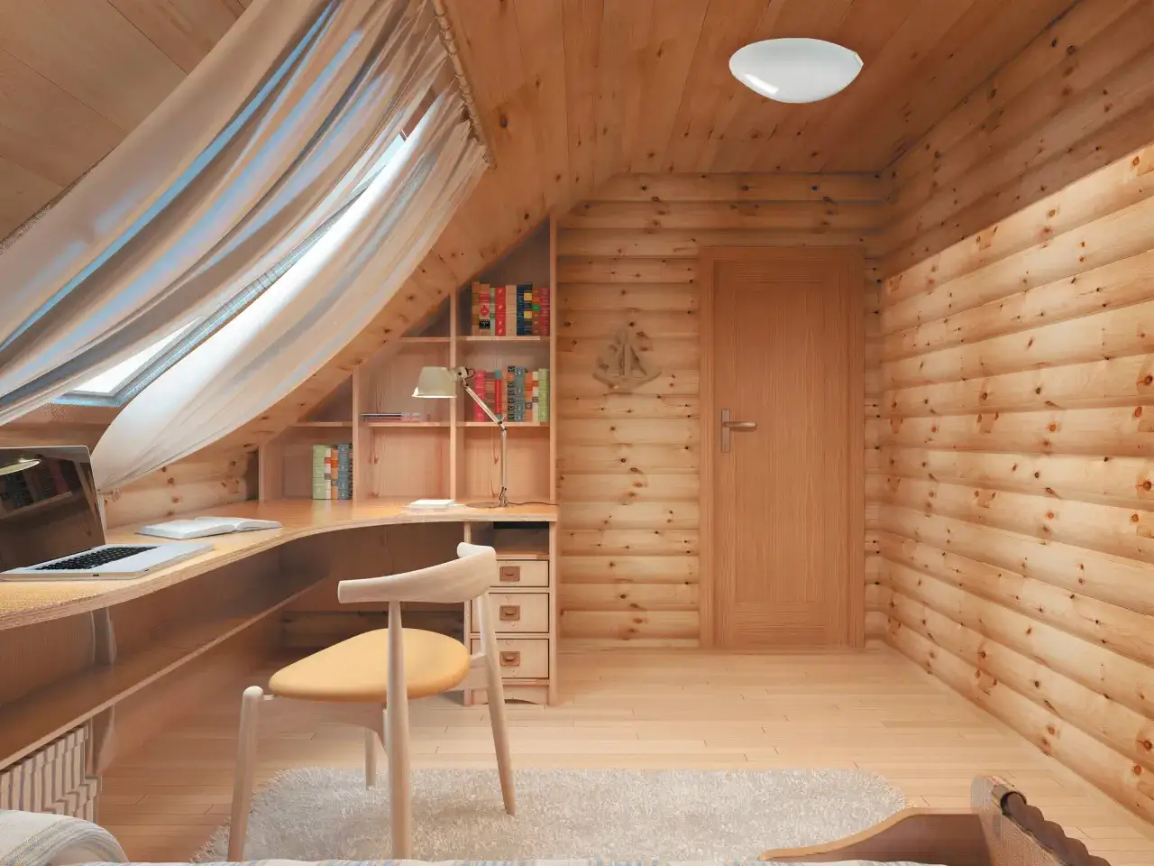Jasne poddasze z oknem dachowym i zasłonami. Biurko z laptopem i lampką, regał z książkami. Jak oświetlić poddasze?