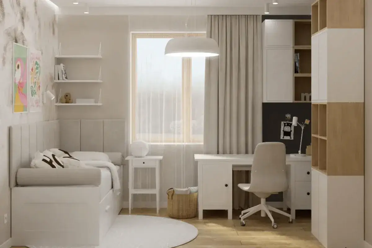 Jasne, oto propozycja:

Jak podzielić pok&oacute;j nastolatk&oacute;w: przytulne ł&oacute;żko, biurko i regały tworzą funkcjonalne strefy w pokoju.