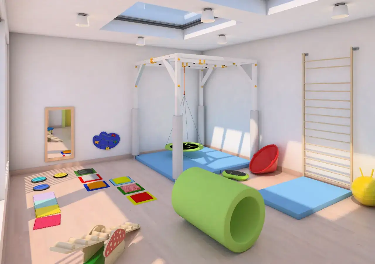 sala do integracji sensorycznej z hamakiem i piłkami