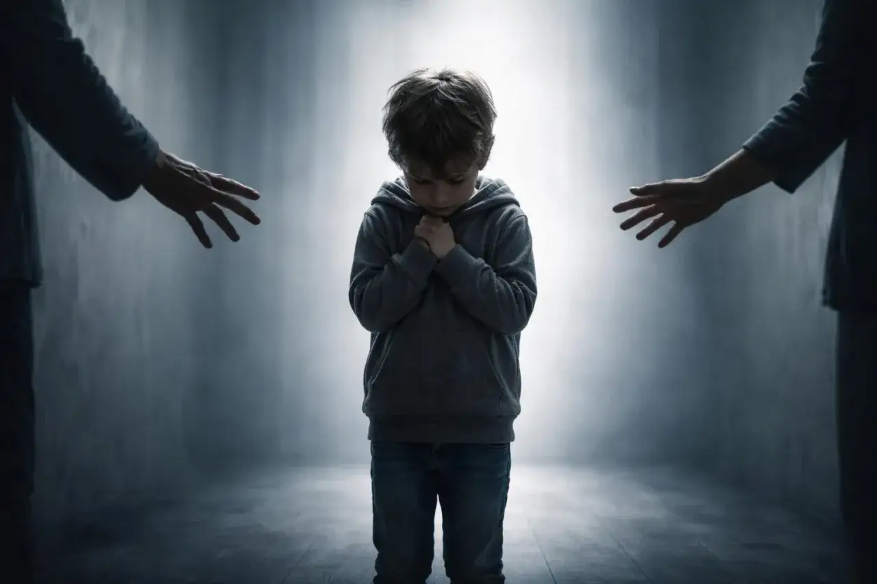 Smutny chłopiec stoi między wyciągniętymi dłońmi rodziców. Obraz symbolizuje strach przed tym, za co mogą odebrać dzieci rodzicom.
