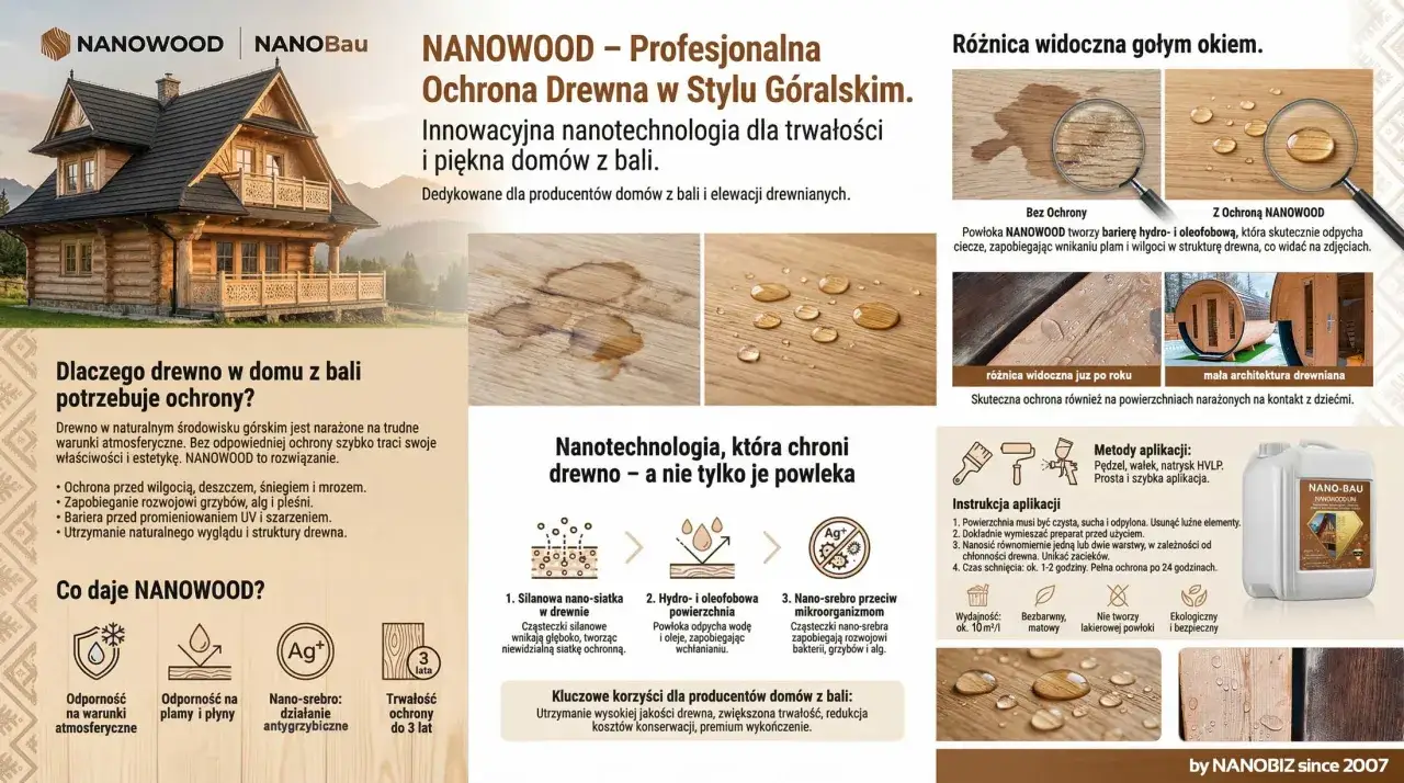 Impregnat do drewna wewnątrz pomieszczeń NANOWOOD chroni domy z bali przed wilgocią, plamami i UV, zapewniając trwałość i piękno.