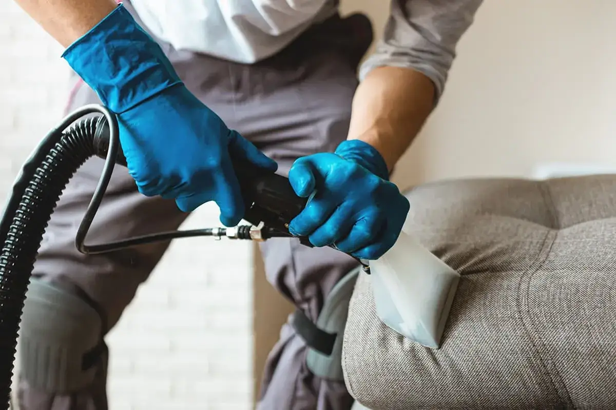 Ręce w niebieskich rękawiczkach używają odkurzacza ekstrakcyjnego do usuwania trudnych plam niewiadomego pochodzenia z tapicerki kanapy.