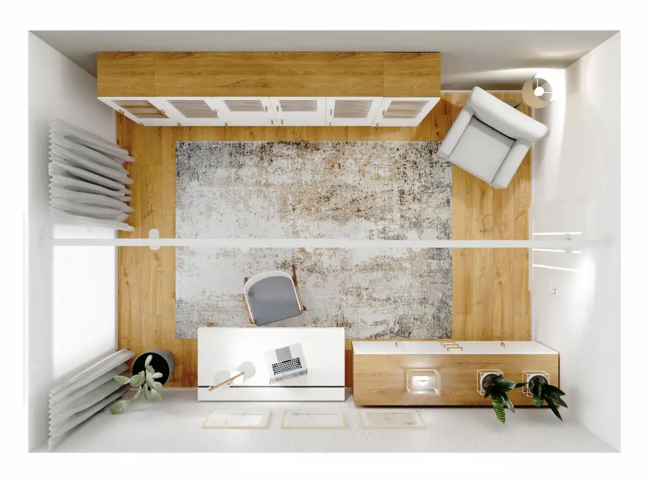 Nowoczesny gabinet z drewnianymi elementami i wygodnym fotelem. Inspiracje do stworzenia funkcjonalnej i stylowej przestrzeni do pracy.