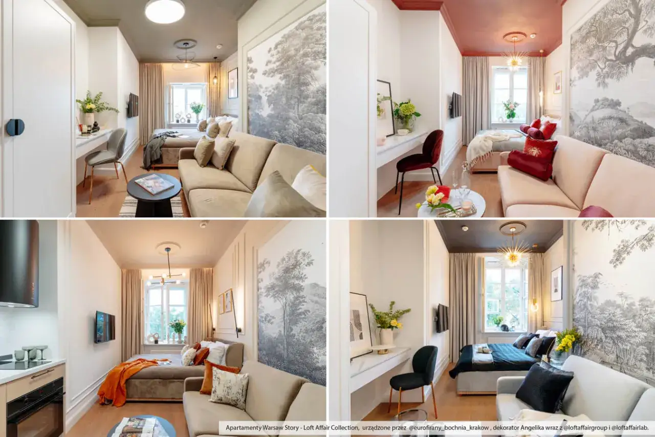 Elegancka zabudowa wąskiego pokoju: sofa, ł&oacute;żko, biurko i duży obraz tworzą funkcjonalną przestrzeń.