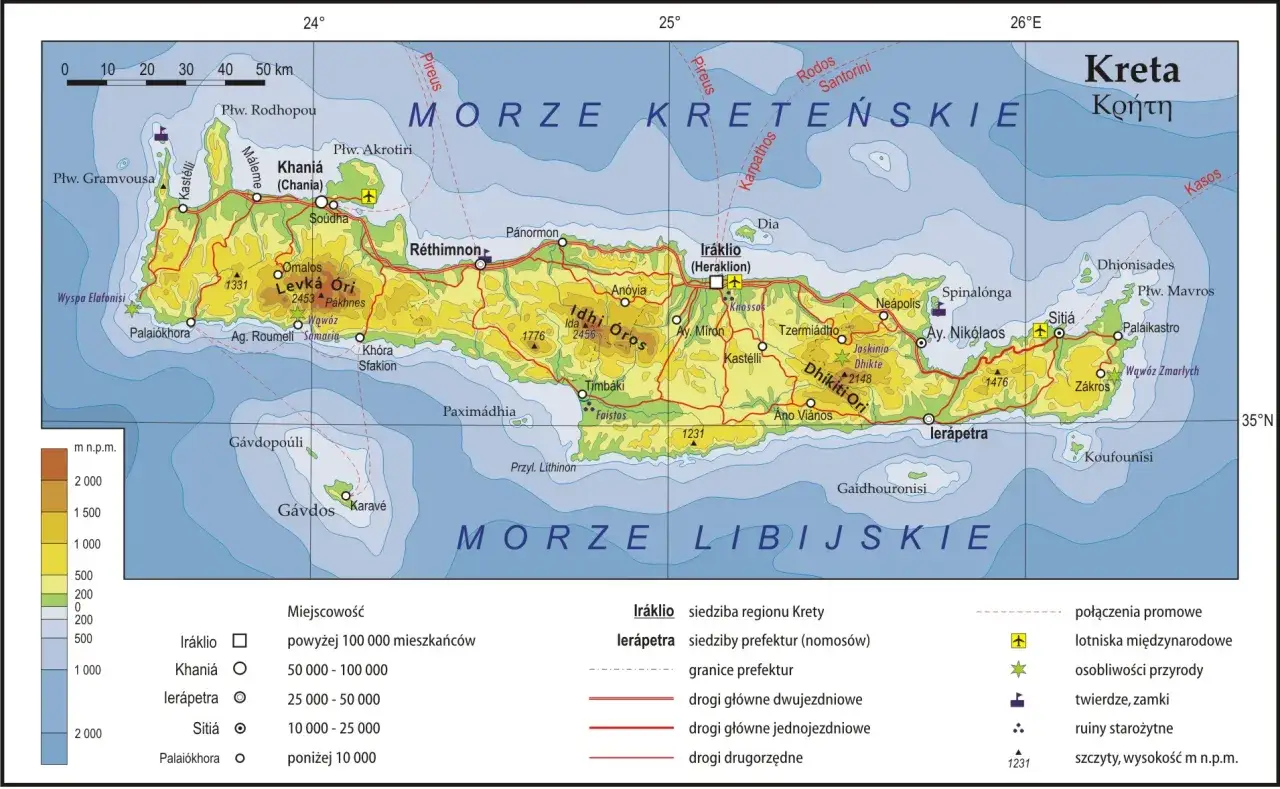 Mapa Krety z zaznaczonymi morzami