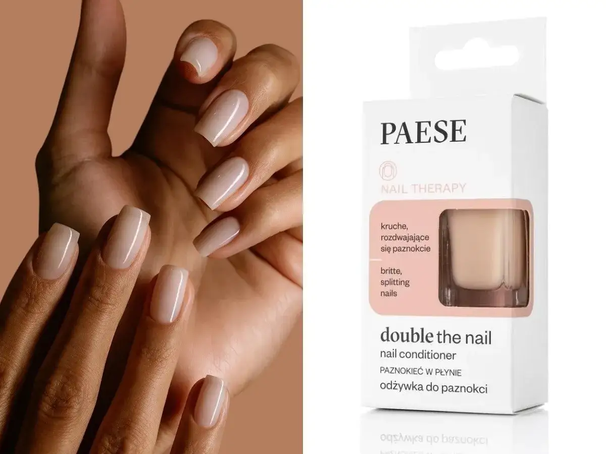 Dłonie z idealnymi, jasnoróżowymi, mocne paznokcie. Obok opakowanie odżywki do paznokci Paese Double the Nail.