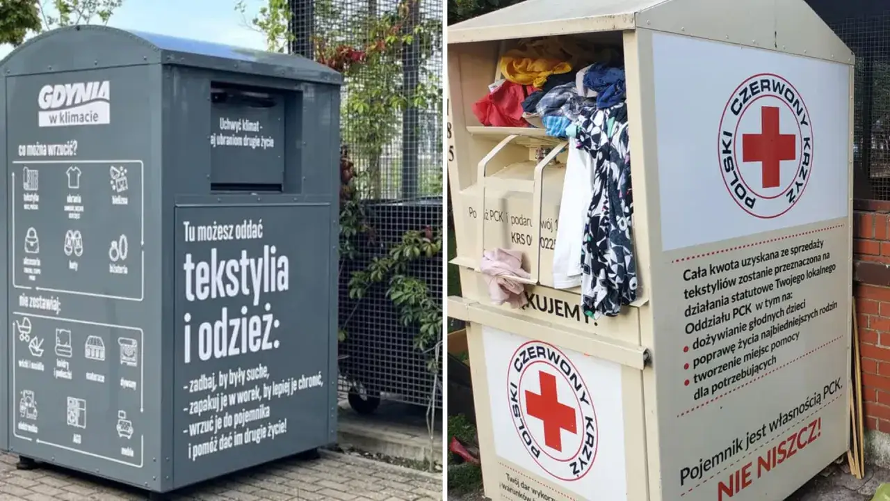 Kontenery na odzież używaną. Tu można oddać tekstylia i odzież dla potrzebujących, wspierając Polskie Towarzystwo Czerwonego Krzyża.