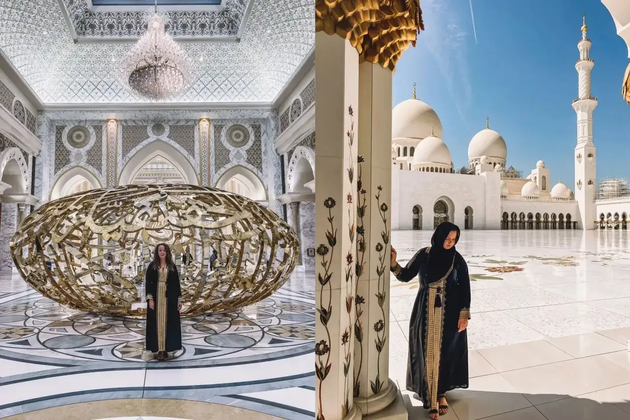 Wnętrze pałacu w Abu Dhabi z rzeźbą i kobieta na dziedzińcu meczetu w Abu Zabi.