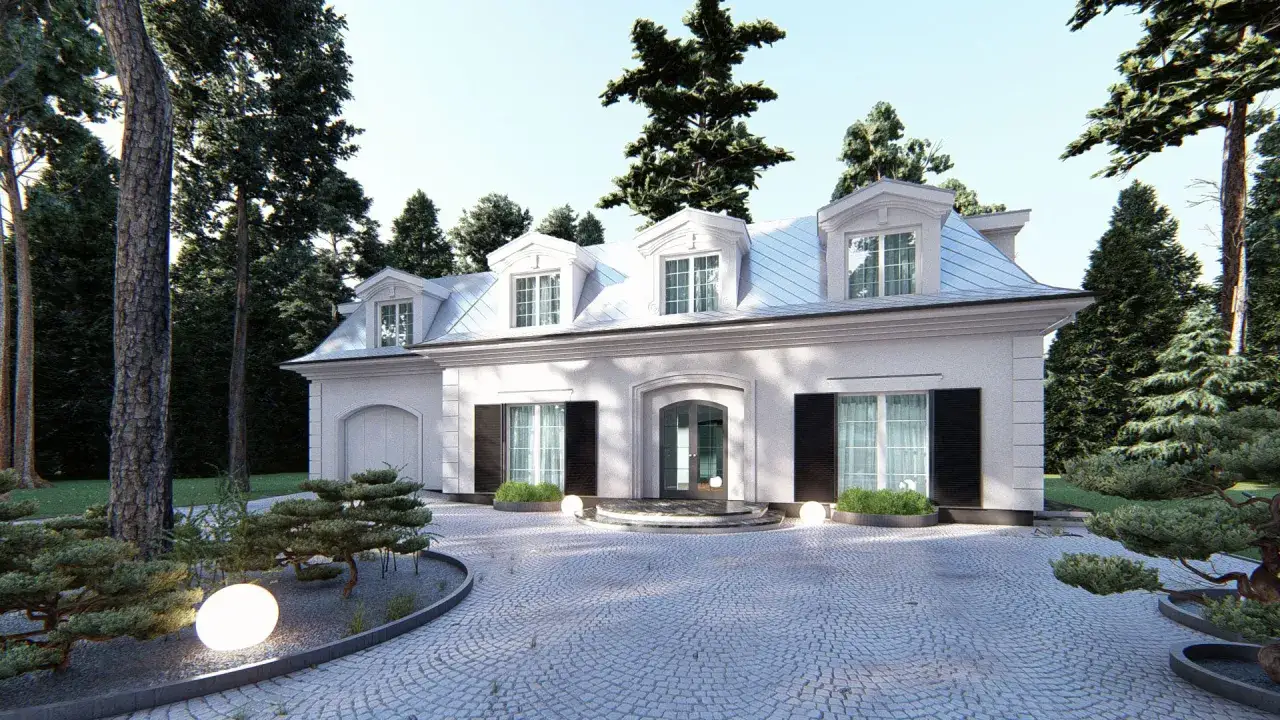 Elegancki dom w stylu klasycznym otoczony sosnami. Podjazd z kostki brukowej, ozdobne krzewy i okrągłe lampy tworzą przytulną atmosferę.