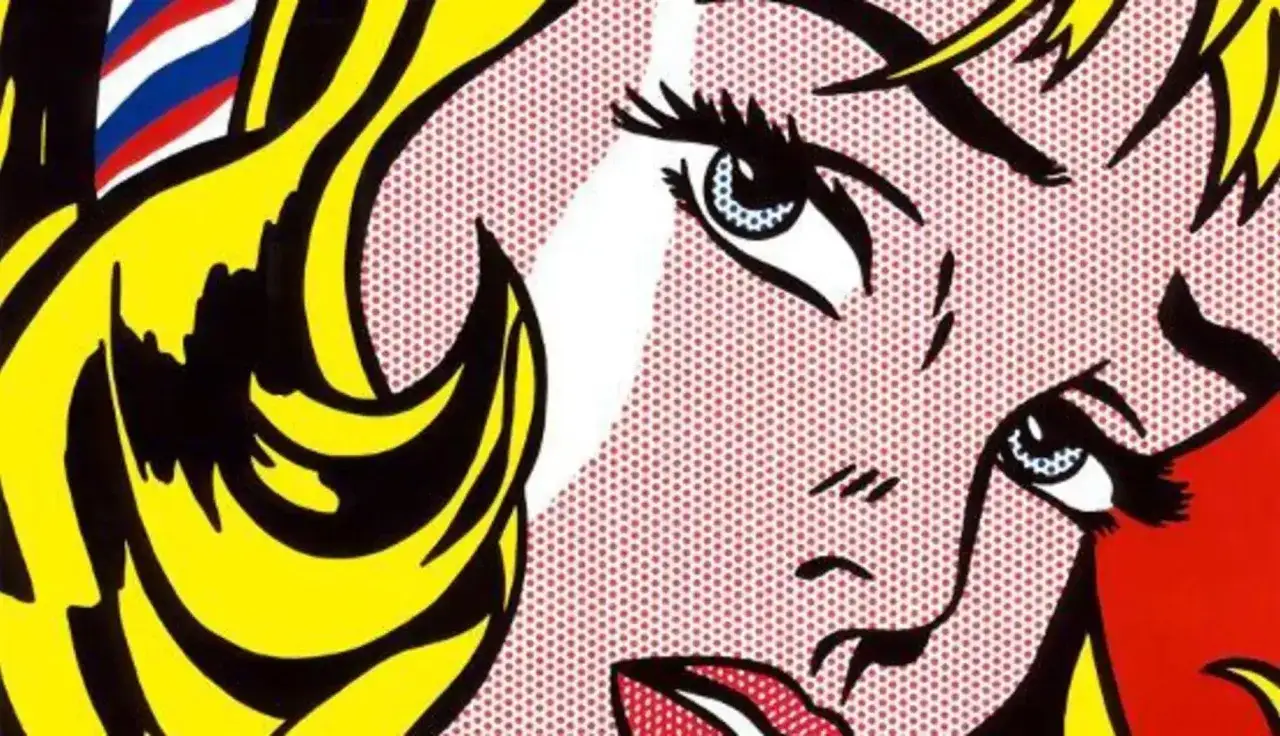 Ikoniczna sztuka pop art przedstawiająca zbliżenie na twarz kobiety z żółtymi włosami i niebieskimi oczami, w charakterystycznym stylu komiksowym.