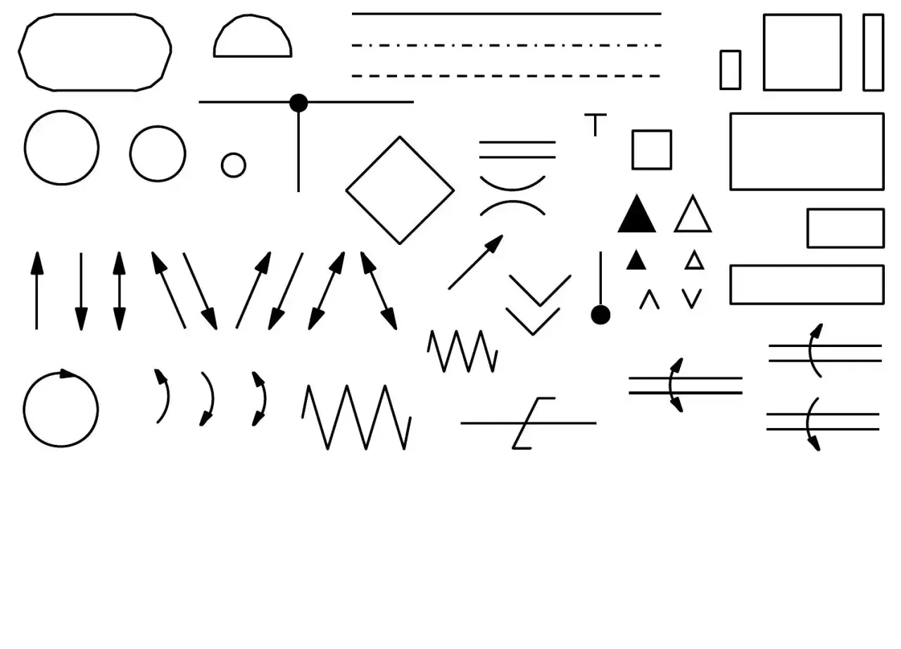 Zestaw symboli graficznych, w tym oznaczenia zawor&oacute;w, strzałki, linie, figury geometryczne i fale.