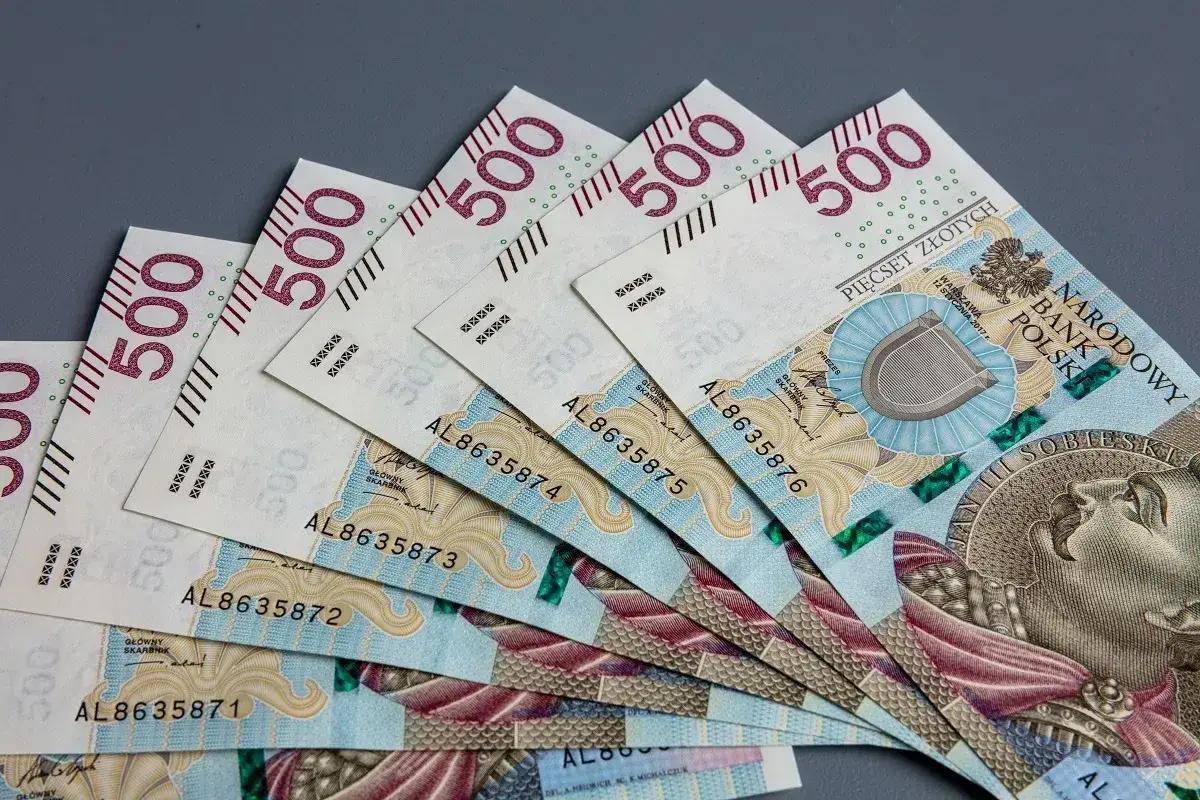 Pięćsetzłotowe banknoty ułożone wachlarzowo. Mogą symbolizować świadczenie wspierające dla osób niepełnosprawnych, zapewniając im finansowe bezpieczeństwo.