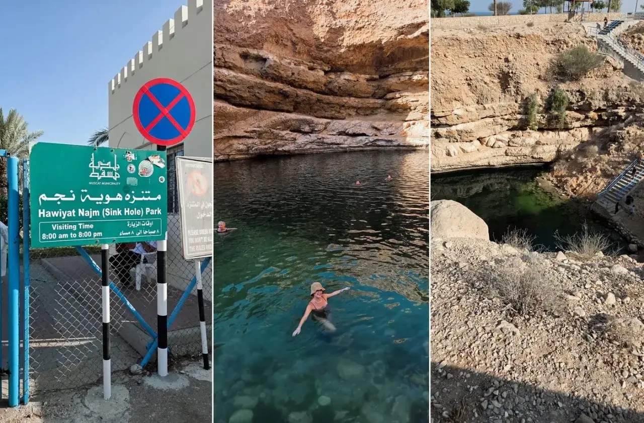 Wadi Shab: tablica informacyjna parku Hawiyat Najm, ludzie kąpiący się w turkusowej wodzie i skaliste otoczenie.