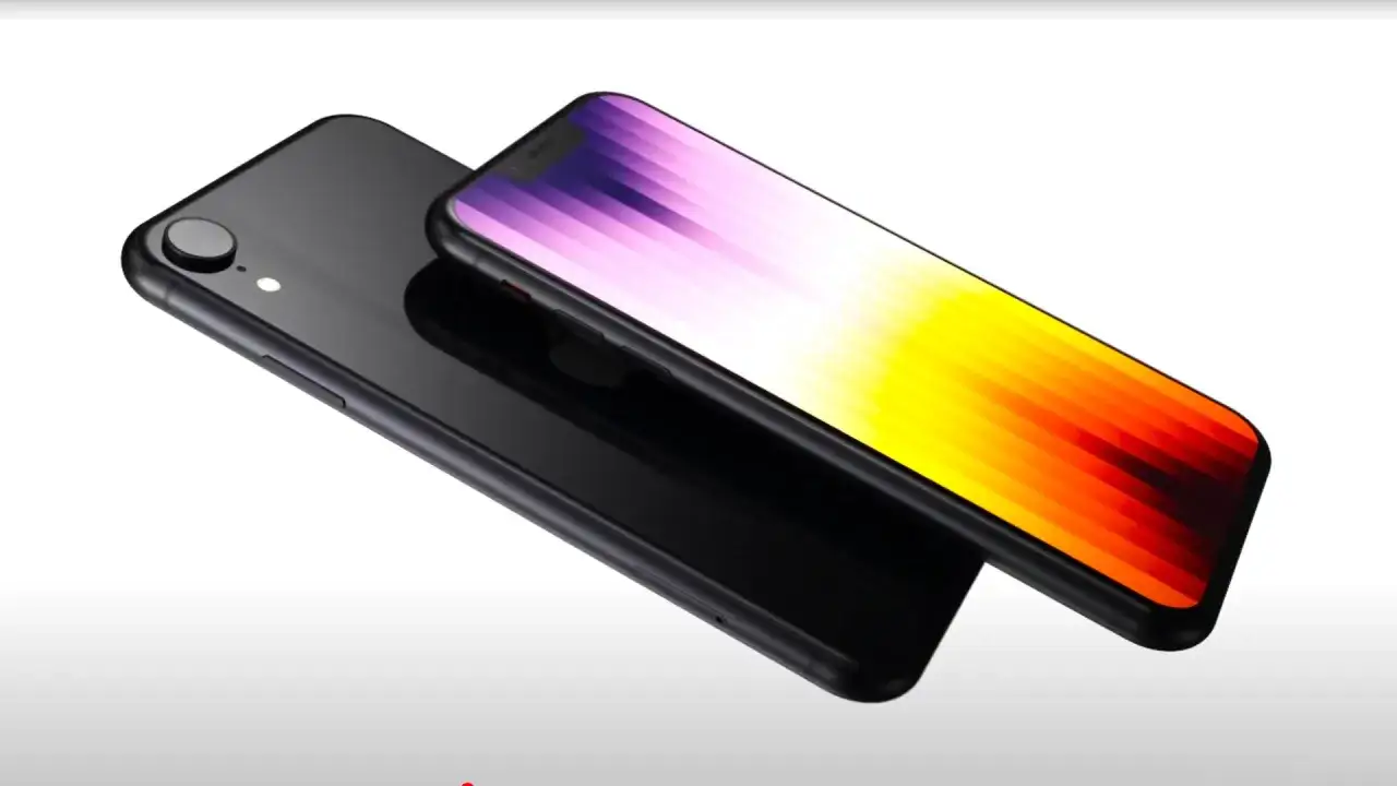 Czarny iPhone SE 4 z kolorowym ekranem wyświetlającym gradient od fioletu do czerwieni.